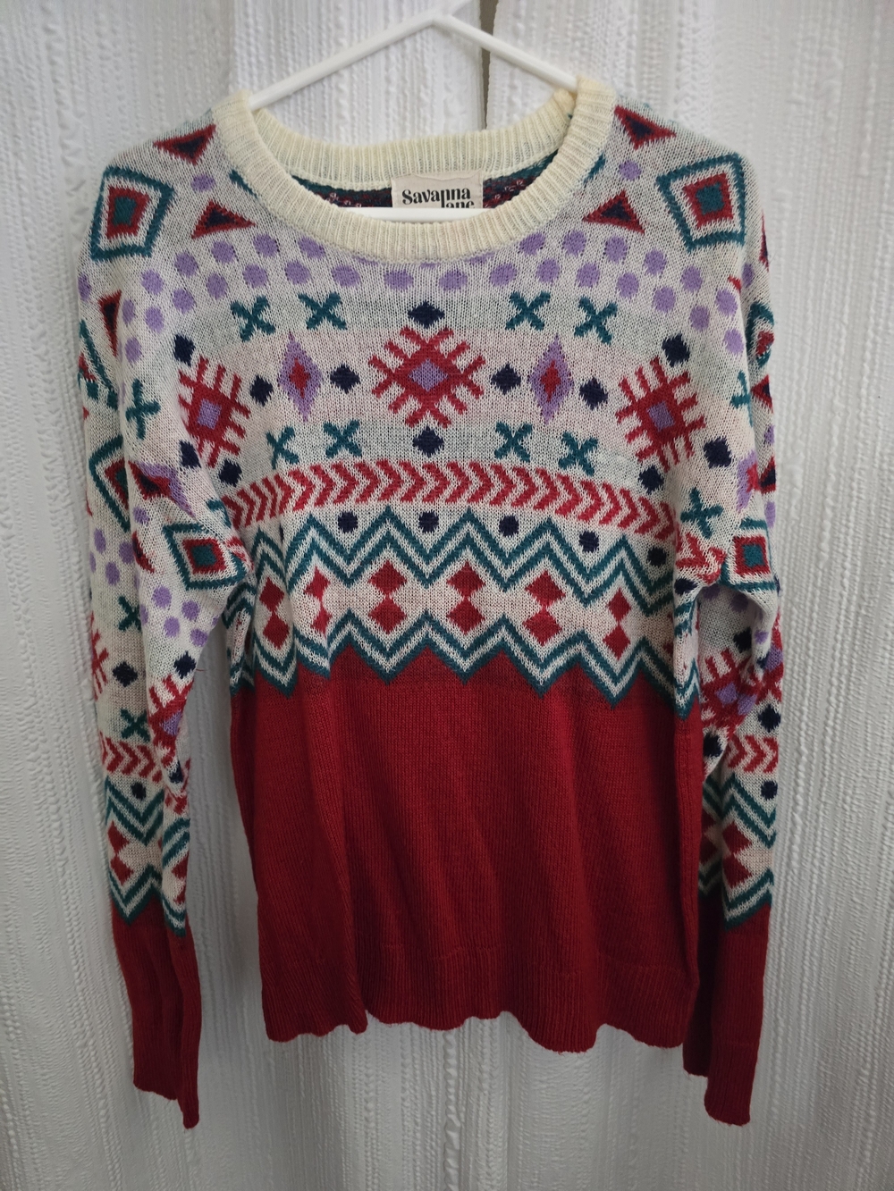 Savannah Jane Red Patterned Crewneck Sweater